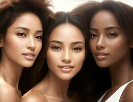 AI Generative, Nature young Beauty. Multi Ethnic Group of Womans with diffrent types of skin together photo