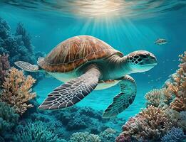 AI Generative, Wonderful and beautiful underwater world with turtle, corals and tropical fish. photo