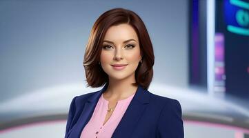 AI Generative, a photo of a tv news female presenter on a popular channel. live stream broadcast on television