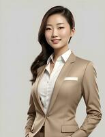 AI Generative, smiling young businesswoman in beige suit looking at camera over white background photo