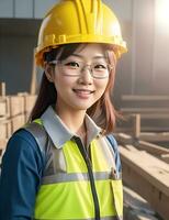 AI Generative, Young female site engineer with a safety vest and hardhat photo