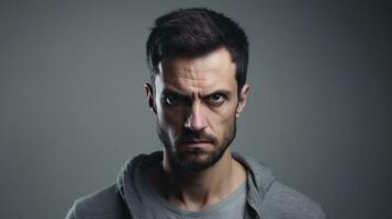 Angry Man Looking at the Camera Isolated on the Minimalist Background photo