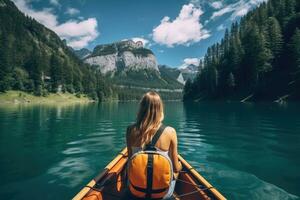 joven mujer remar un kayac en lago braies en sur Tirol, Italia, hembra kayak en un montaña lago, posterior vista, No cara reveló, natural fondo, ai generado foto