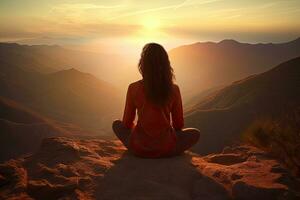 mujer meditando en loto posición en montaña pico durante amanecer, hembra meditando en parte superior de un montaña con hermosa puesta de sol fondo, posterior vista, lleno cuerpo, ai generado foto