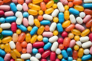 Colorful pills background. Top view of many colorful pills on white background, Full frame of colorful antimicrobial capsule pills, AI Generated photo