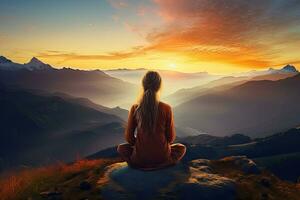 mujer meditando en loto actitud en parte superior de montaña durante amanecer, hembra meditando en parte superior de un montaña con hermosa puesta de sol fondo, posterior vista, lleno cuerpo, ai generado foto