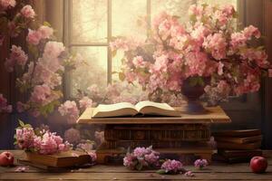 Old books and pink flowers on wooden table in front of window, flower apple tree and book background, AI Generated photo