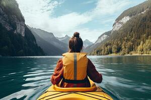 Rear view of young woman kayaking on lake with mountains in background, Female kayaking on a mountain lake, rear view, no face revealed, natural background, AI Generated photo
