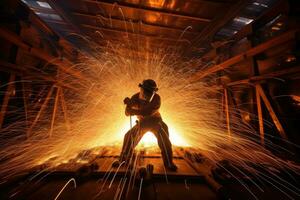Industrial welder working in a metallurgical plant, sparks fly, Enter the captivating world of welding flames photography, AI Generated photo
