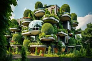 moderno edificio con verde plantas en el ciudad parque. 3d representación, Respetuoso del medio ambiente edificio en el moderno ciudad, ai generado foto