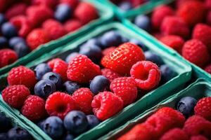 frambuesas y arándanos en un de madera caja. selectivo enfocar, agricultores mercado bayas surtido de cerca. fresas, arándanos, frambuesas en cajas, ai generado foto