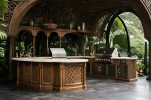 Luxury hotel reception desk in tropical garden. 3d rendering, front view outside BBQ area, arched gazebo, stainless steel BBQ, ornate wooden background, wooden cabinets, marble tops, AI Generated photo