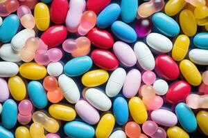 Colorful pills background. Top view of many colorful pills background, Full frame of colorful antimicrobial capsule pills, AI Generated photo