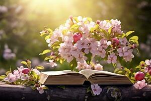 Open book with cherry blossoms on a wooden table in the garden, flower apple tree and book background, AI Generated photo