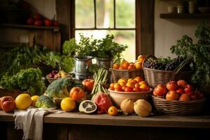 Composition with variety of fresh vegetables and fruits in rustic kitchen, Fruits and vegetables on a wooden table in a rustic kitchen, AI Generated photo