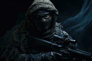 Special forces soldier with assault rifle and hood on black background with smoke, Fully equipped soldier in a tactical net scarf and with a sniper rifle, Black background, anonymous, AI Generated photo