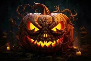 Halloween pumpkin with scary face on dark background, 3d render, Halloween spooky pumpkin, AI Generated photo