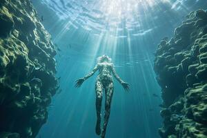 Underwater woman in the ocean. Underwater world. 3d rendering, Female apnea bikini swims in the crystal sea, AI Generated photo