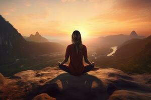 Woman meditating in the desert at sunset. The concept of meditation and relaxation, Female meditating on top of a mountain with beautiful sunset background, rear view, full body, AI Generated photo