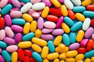 Colorful pills on blue background. Top view, flat lay, Full frame of colorful antimicrobial capsule pills, AI Generated photo