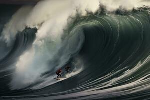 Surfer in ocean wave. Extreme sport and water surfing concept, Extreme surfers surfing on the huge sea waves, rear view, no visible faces, AI Generated photo