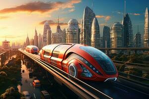 Futuristic car driving fast on the highway. 3D rendering, future of transportation, AI Generated photo