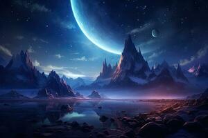 Fantasy alien planet. Mountain and lake. 3D illustration, Fantasy alien planet. Mountain and lake, AI Generated photo