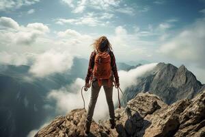 Young woman hiker with backpack standing on top of a mountain and looking into the distance, Extreme woman rock climbing on a mountain, rear view, no visible faces, AI Generated photo