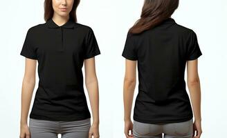 Blank black polo t-shirt template front and back view isolated on white background, Female models wearing sleeveless full skirts and standing in different poses on a white background, AI Generated photo