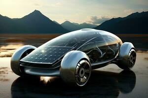 solar célula coche en el desierto. 3d hacer imagen, futuro de transporte, ai generado foto