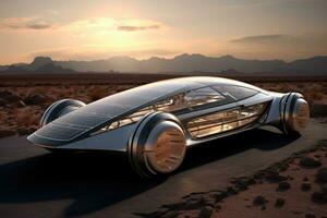 3D rendering of a brand-less generic car in the desert, future of transportation, AI Generated photo