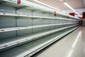 Food shortage. Empty supermarket shelves. Generative AI photo