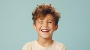 Cute Laughing Boy isolated on the Minimalist Pastel Color Background photo