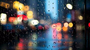 ai generado ciudad ver mediante un ventana en un lluvioso noche. lluvia gotas en ventana con la carretera ligero Bokeh. atención en gotas en vaso foto