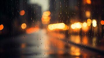 ai generado ciudad ver mediante un ventana en un lluvioso noche. lluvia gotas en ventana con la carretera ligero Bokeh. atención en gotas en vaso foto