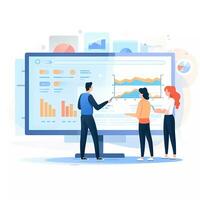 ai generated Group of people working and communicating in front of a big screen with charts. Flat illustration photo
