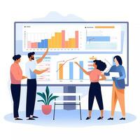 ai generated Group of people working and communicating in front of a big screen with charts. Flat illustration photo
