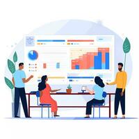 ai generated Group of people working and communicating in front of a big screen with charts. Flat illustration photo