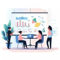 ai generated Group of people working and communicating in front of a big screen with charts. Flat illustration photo