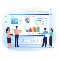 ai generated Group of people working and communicating in front of a big screen with charts. Flat illustration photo