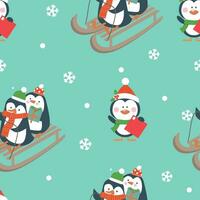 Christmas seamless pattern with penguins on blue background vector