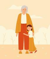 Granddaughter hugging her grandmother. Flat vector illustration with background