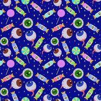 Seamless vector pattern with eyes and candy on a blue background. Scary eyes and candy for Halloween party decoration. A banner, poster or postcard for an October party. Halloween pattern background. Vector illustration
