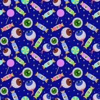 Seamless vector pattern with eyes and candy on a blue background. Scary eyes and candy for Halloween party decoration. A banner, poster or postcard for an October party. Halloween pattern background. Vector illustration