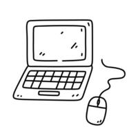 Laptop with computer mouse isolated on white background. Vector hand-drawn illustration in doodle style. Perfect for logo, decorations, various designs.