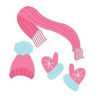 Set of knitted pink hat, scarf and mittens. Simple flat icons in cartoon style. Vector illustration isolated on white background.