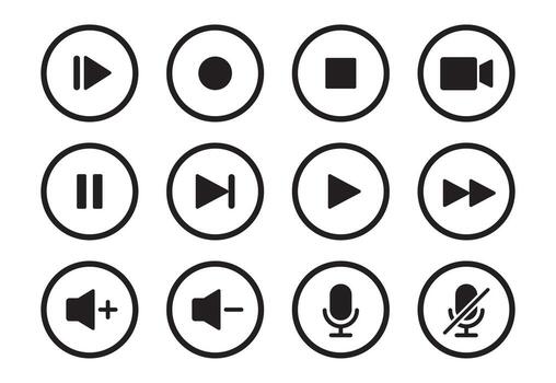 audio, video, música jugador botón icono. sonido control, jugar, pausa botón sólido icono colocar. cámara, medios de comunicación control, micrófono interfaz pictograma. vector