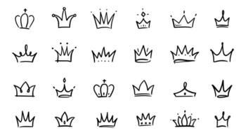 Doodle crown hand drawn set. Doodle princess crown, queen tiara. Line sketch royal element. Queen, king hand drawn simple design element. Isolated vector