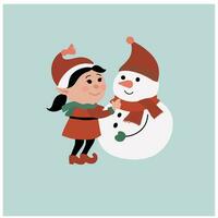 retrato linda pequeño duende niña con nieve hombre vistiendo Navidad clase sinterizada Papa Noel claus disfraz invierno vector ilustración