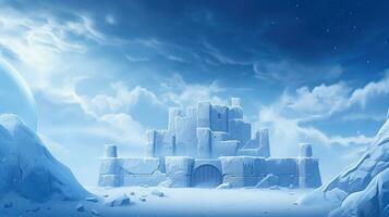 snow fortress, blue sky, white buildings made of snow and ice. A fabulous magical structure. Winter House photo